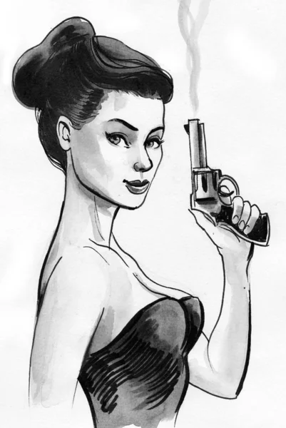 Una Bella Donna Con Una Pistola Fumante Illustrazione Inchiostro Acquerello — Foto Stock