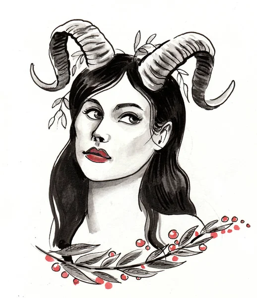 Pretty Woman Horns Ink Watercolor Illustration — Stock Photo, Image
