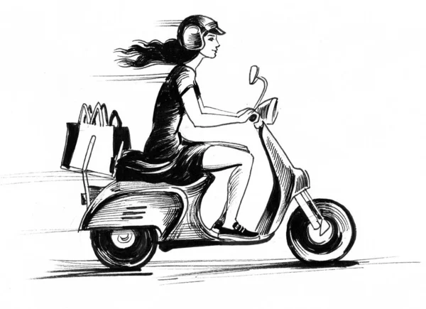 Menina Montando Uma Scooter Vintage Tinta Desenho Preto Branco — Fotografia de Stock