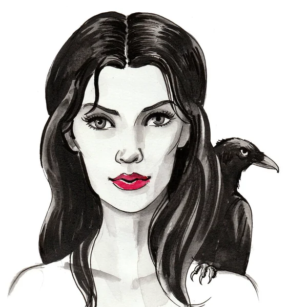 Mulher Bonita Com Pássaro Corvo Ombro Tinta Aquarela Ilustração — Fotografia de Stock