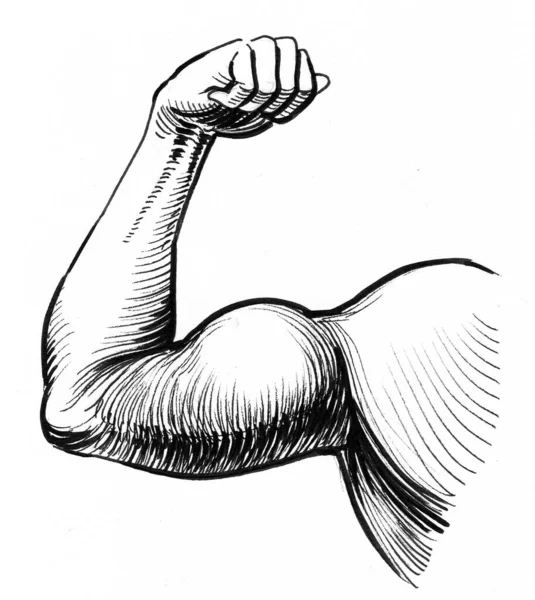 Hand Flexing Biceps Ink Black White Drawing — Stock Photo, Image