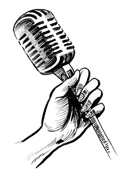 Ruka Drží Retro Mikrofon Černobílá Kresba Inkoustu — Stock fotografie