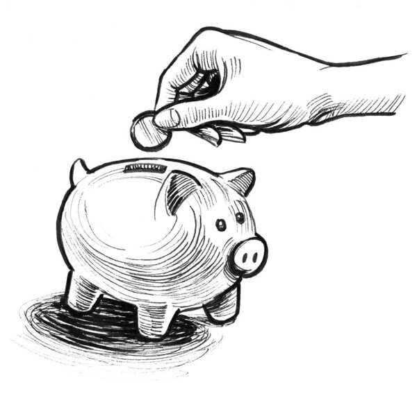 Hand putting coin in piggy bank. Ink black and white drawing