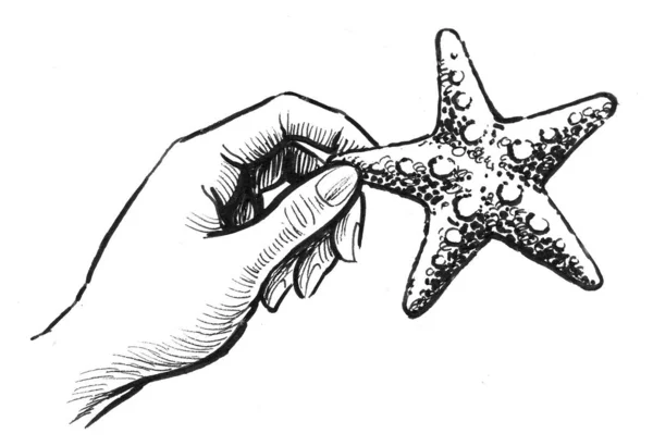 Hand Holding Starfish Ink Black White Drawing — Stock Photo, Image