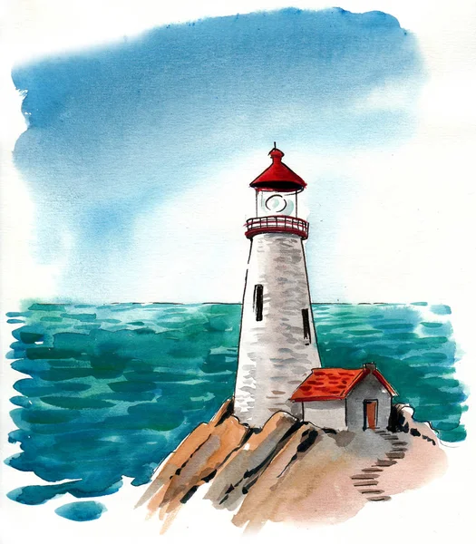 Farol Mar Tinta Aquarela Ilustração — Fotografia de Stock