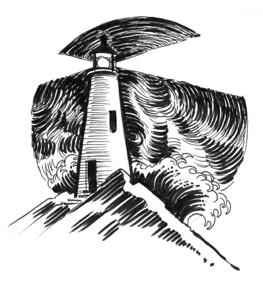 Lighthouse Seaside Ink Black White Drawing — Stock Photo, Image