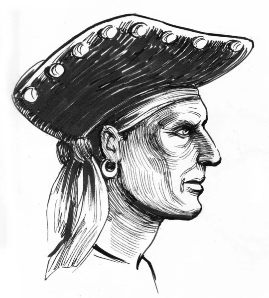 Capitão Pirata Tinta Desenho Preto Branco — Fotografia de Stock