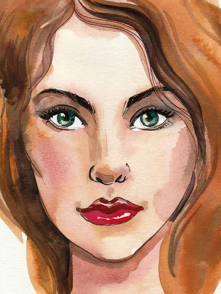 美丽的女人的脸 墨水和水彩插图 — 图库照片
