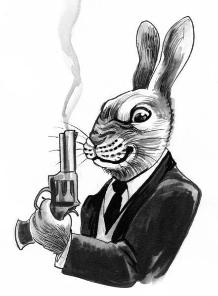 Rabbit Gangster Smoking Revolver Gun Ink Watercolor Illustration — Stock Photo, Image