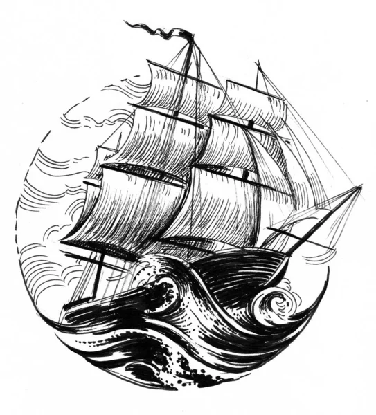 Tall sailing ship in stormy sea. Ink black and white drawing