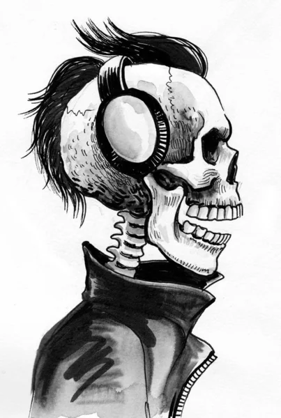 Dead Punk Headphones Ink Black White Drawing — Foto Stock