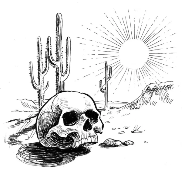 Human Skull Mexican Desert Ink Black White Drawing — Stock Photo, Image