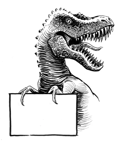 Tyranozaur Pustym Znakiem Czarno Biały Rysunek Atramentu — Zdjęcie stockowe