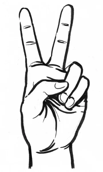 Kézjel Győzelemre Tinta Fekete Fehér Rajz — Stock Fotó