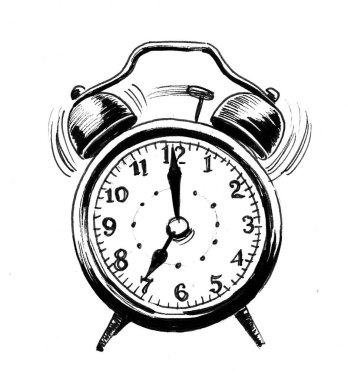 Çalan çalar saat. Mürekkep siyah beyaz çizim