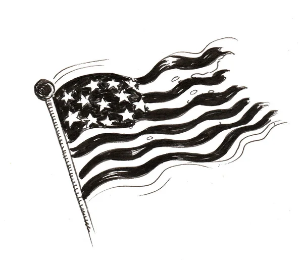 Vieja Bandera Americana Viento Dibujo Blanco Negro Tinta —  Fotos de Stock