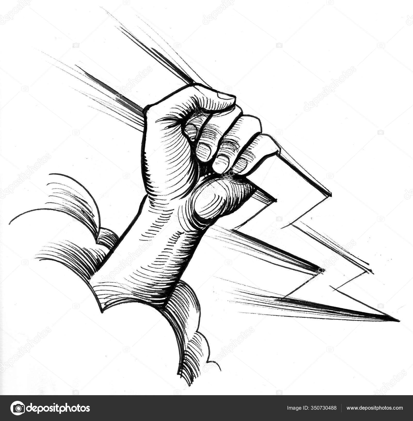 Hand Holding Lighting Bolt Ink Black White Drawing Stock Photo by  ©alexblacksea 350730488