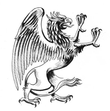 Griffon yaratığı. Mürekkep siyah beyaz çizim