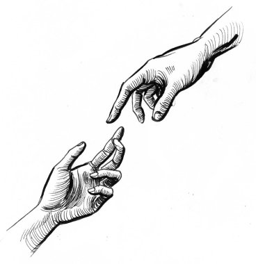 İki elle dokunmak. Mürekkep siyah beyaz çizim