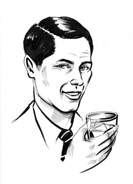 Elinde bir bardak viski olan bir beyefendi. Mürekkep siyah beyaz çizim