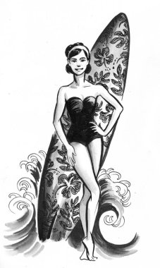 Sörf tahtası olan güzel bir kadın. Mürekkep siyah beyaz çizim