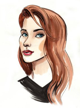 Güzel kadın. Mürekkep ve suluboya çizimi