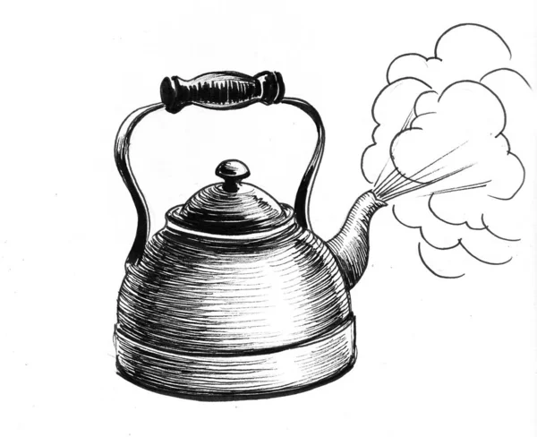 Boiling Kettle Ink Black White Drawing — Stock Photo, Image