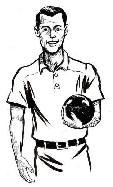 Glücklicher Mann Mit Einem Brüllenden Ball Schwarz Weiße Tuschezeichnung — Stockfoto