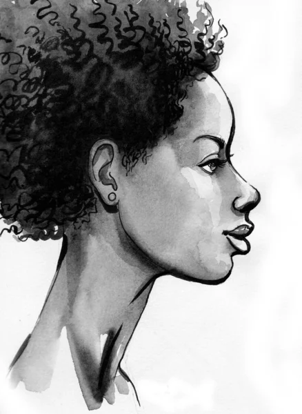 美丽的非裔美国女人墨水和水彩画 — 图库照片