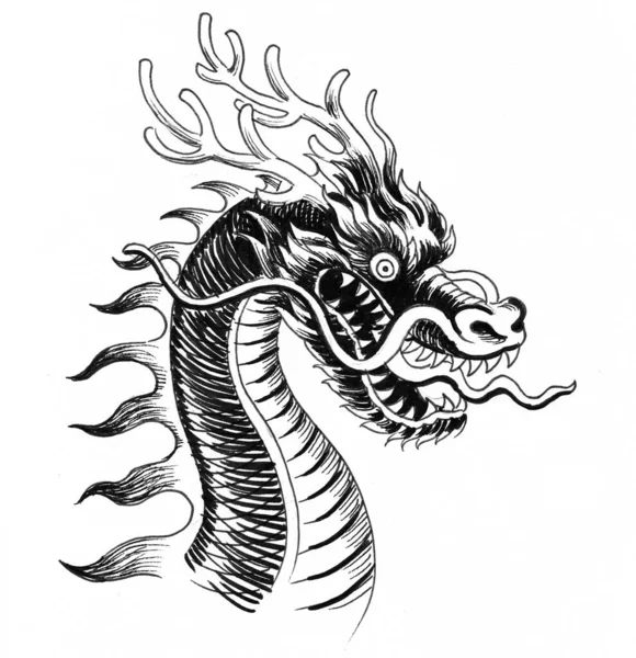 Dragón Chino Dibujo Blanco Negro Tinta —  Fotos de Stock