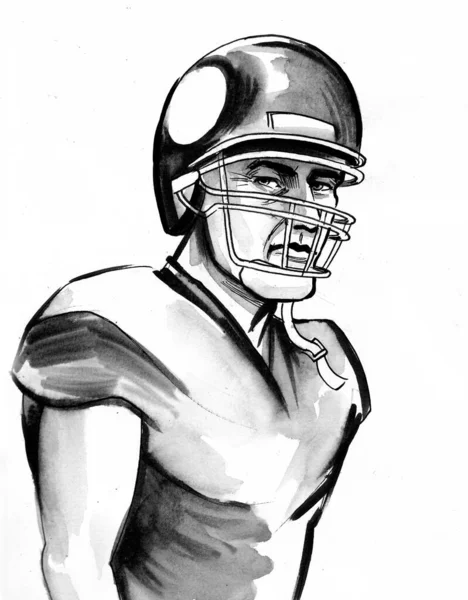 戴头盔的美国足球运动员 墨迹黑白绘图 — 图库照片