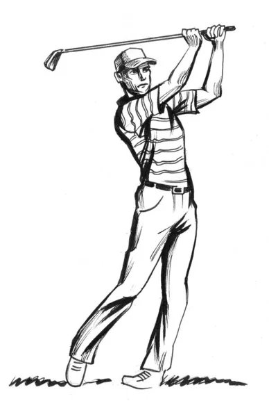 Swinging Golfer Ink Black White Drawing — Stock Photo, Image