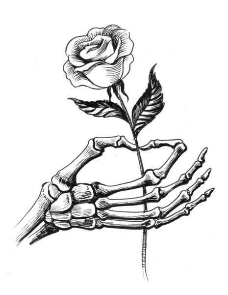 Esqueleto Mano Sosteniendo Flor Rosa Dibujo Blanco Negro Tinta — Foto de Stock