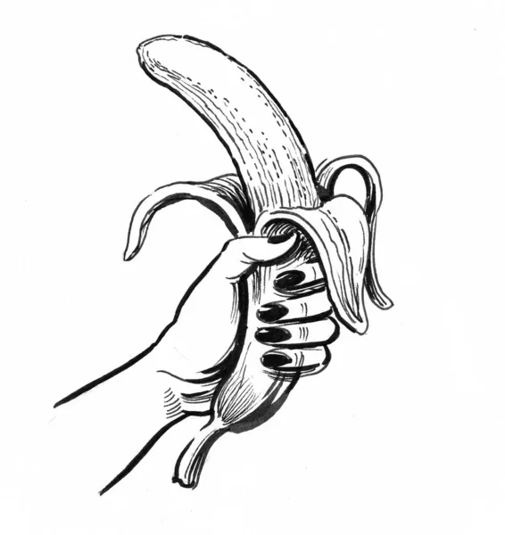 Hand Holding Peeled Banana Fruit Ink Black White Drawing — Stock Photo, Image