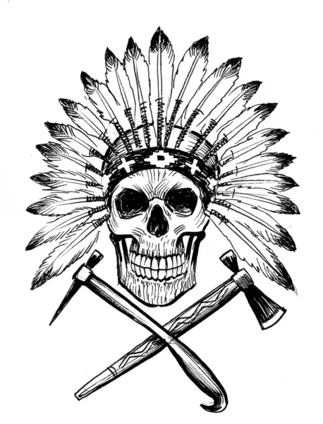 Indian chief skull and tomahawks. Ink black and white drawing