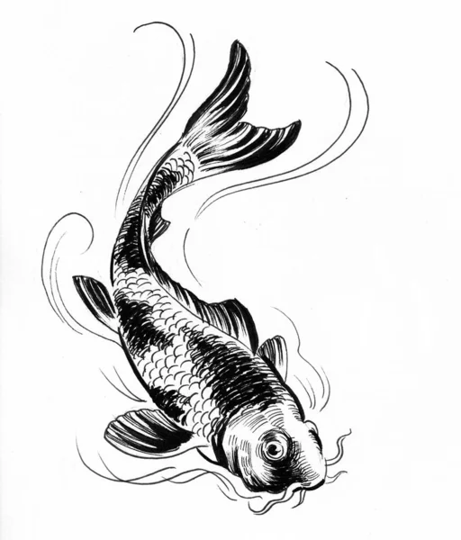 Peixe Koi Tinta Desenho Preto Branco — Fotografia de Stock