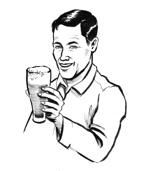 Man Holding Beer Glass Ink Black White Drawing — Stock Photo, Image