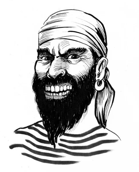 Pirata Barbudo Furioso Tinta Desenho Preto Branco — Fotografia de Stock