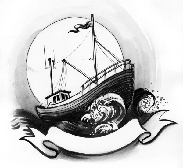 Shipping Trawler Stormy Sea Ink Black White Drawing — Stock Photo, Image