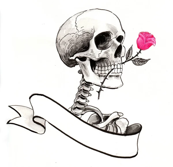 Esqueleto Humano Com Uma Flor Rosa Tinta Desenho Preto Branco — Fotografia de Stock