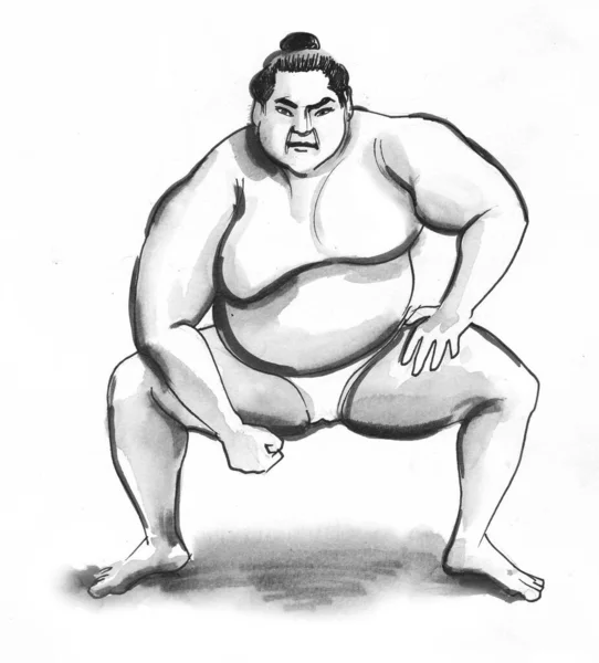 Zapaśnik Sumo Czarno Biały Rysunek Atramentu — Zdjęcie stockowe