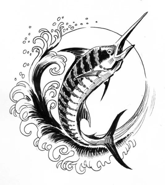 Pedang Ikan Melompat Gelombang Laut Gambar Hitam Dan Putih Tinta — Stok Foto