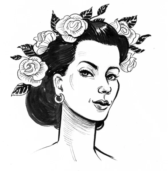 Mulher Morena Bonita Com Uma Coroa Flores Cabeça Tinta Desenho — Fotografia de Stock