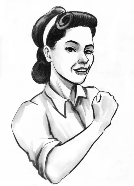 Pěkná Ženská Ohýbá Biceps Černobílá Kresba Inkoustu — Stock fotografie