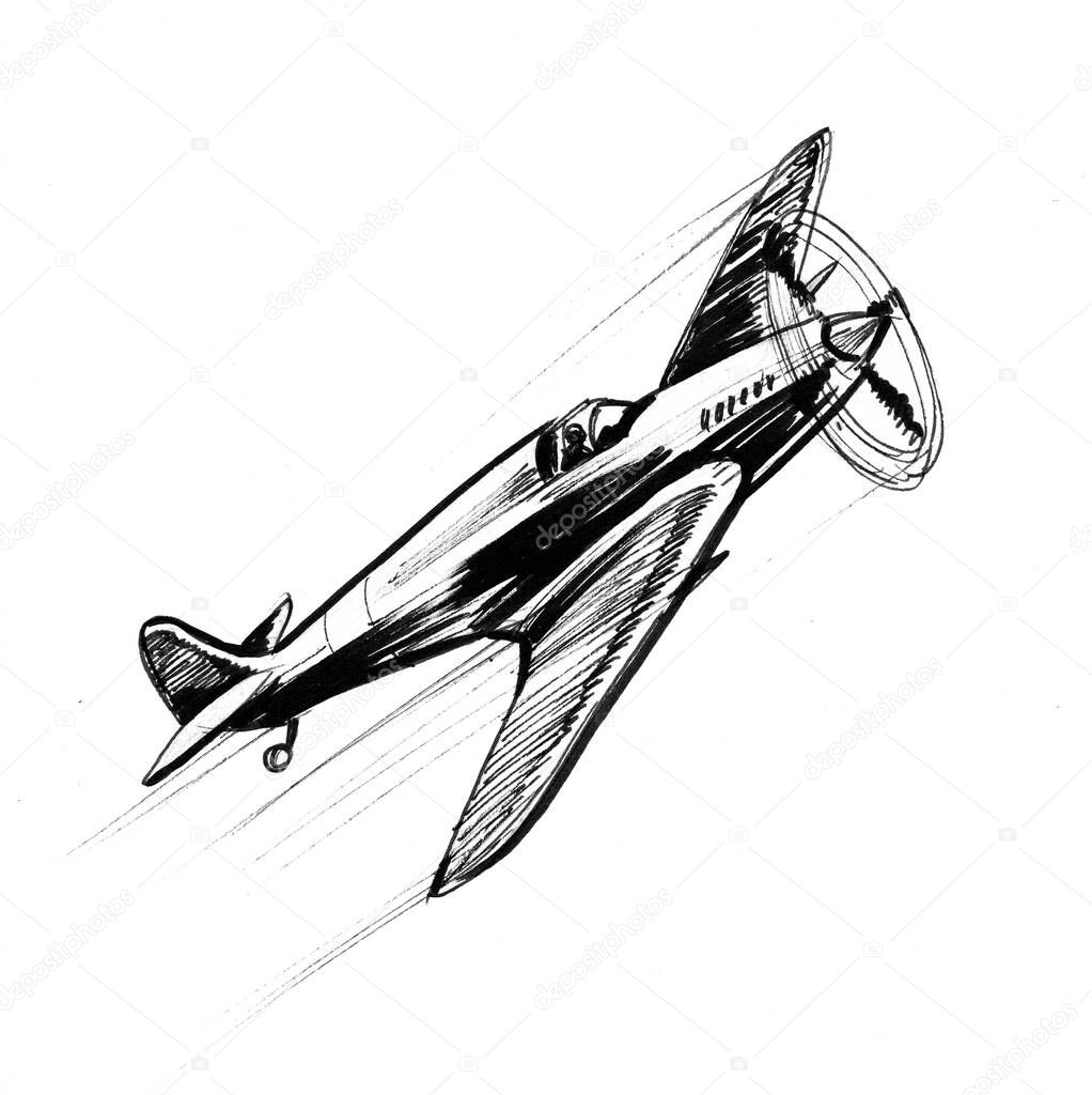 Military World  War 2 plane. Ink black and whiter sketch