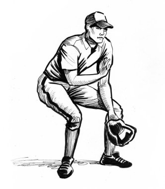 Beyzbol oyuncusu. Mürekkep siyah beyaz çizim