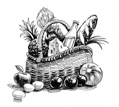 Yemek sepeti. Mürekkep siyah beyaz çizim