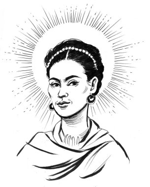 Meksikalı sanatçı Frida Kahlo. Mürekkep siyah beyaz çizim