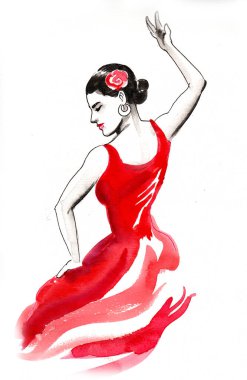Güzel Flamenko dansçısı. Mürekkep ve suluboya resim