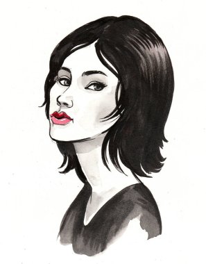 Güzel esmer kadın. Mürekkep ve suluboya çizimi